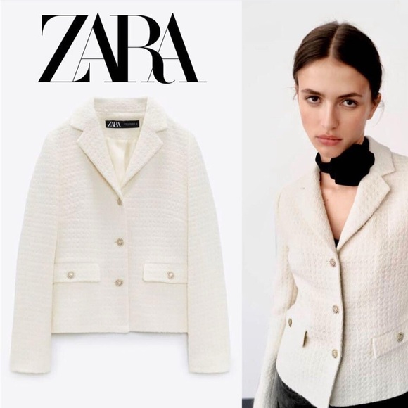 Zara Jackets & Blazers - New! Zara Cream White Texture Jacket Blazer Tweed Boucle Rhinestone Buttons Sz L